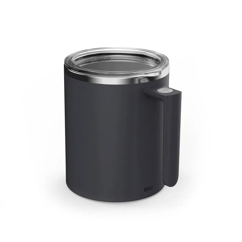 White automatic magnetic stirring coffee cup with stainless steel interior on a desk