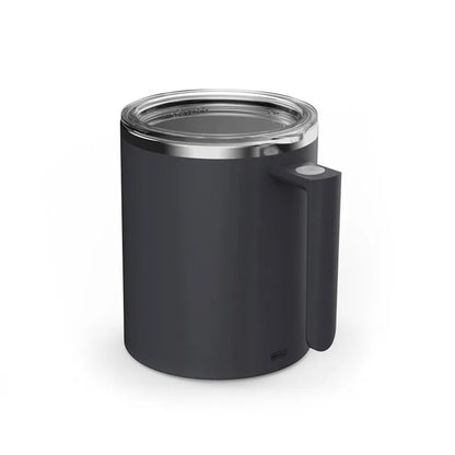 White automatic magnetic stirring coffee cup with stainless steel interior on a desk