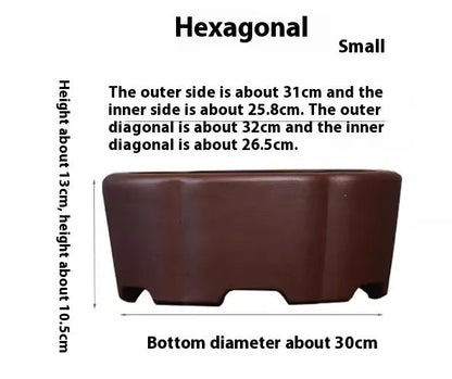 Square purple clay succulent bonsai pot with classical design on wooden table