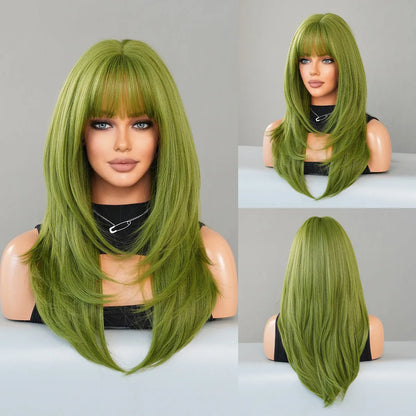Long straight vanilla green synthetic women's wig measuring 63cm with a fringe
