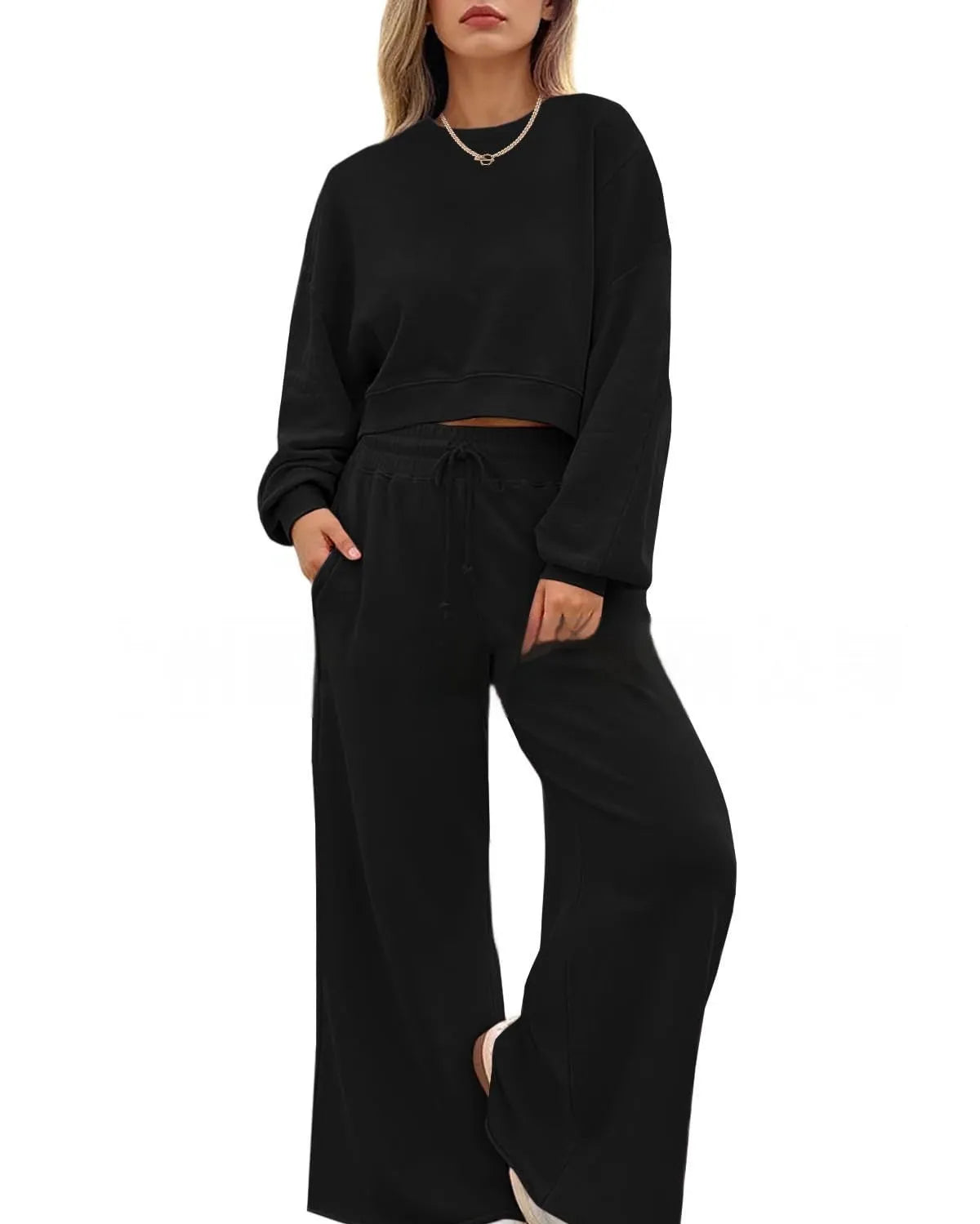 Women's solid colour polyester two-piece set with trousers and long-sleeved top in street hipster style