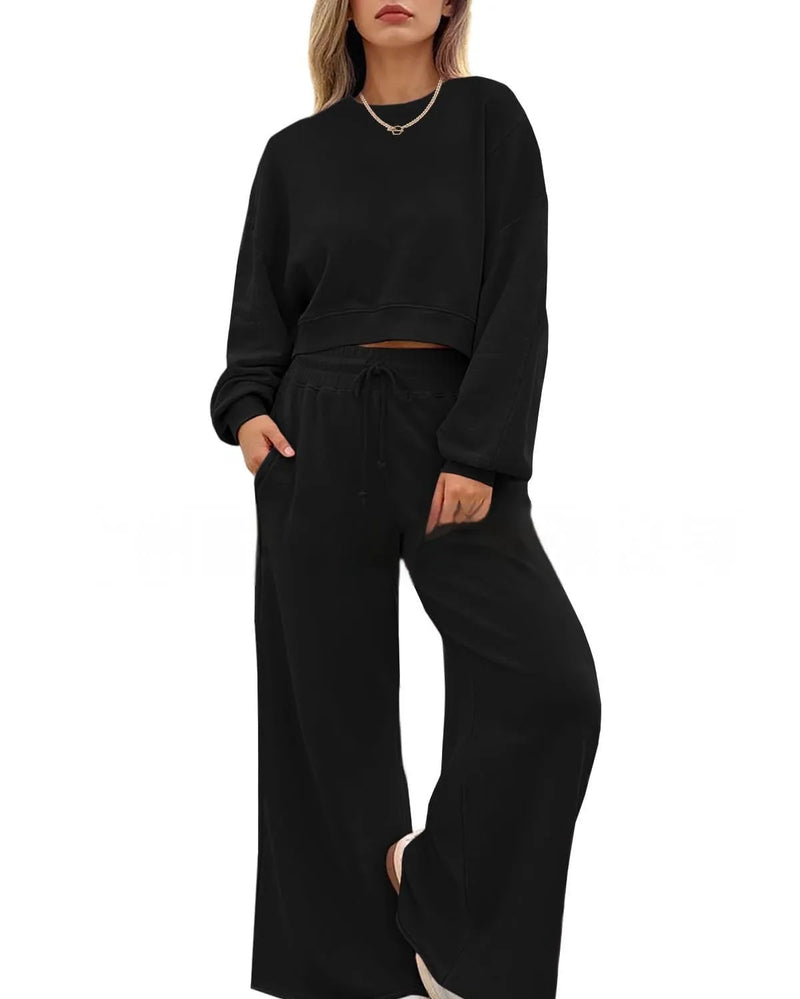 Women's two-piece set casual trousers and top long sleeves street hipster style solid colour polyester set in black white pink khaki apricot navy blue sizes S M L XL XXL with regular sleeve and trousers length