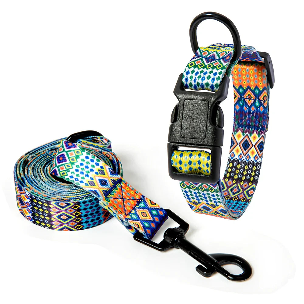 Adjustable dog collar and leash set with Bohemian pattern for dogs 3-27kg