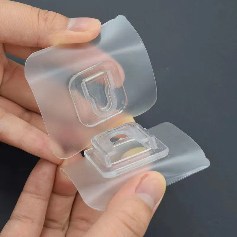 Transparent plastic adhesive snap button hook with double-sided patch, 10kg load, no punching.