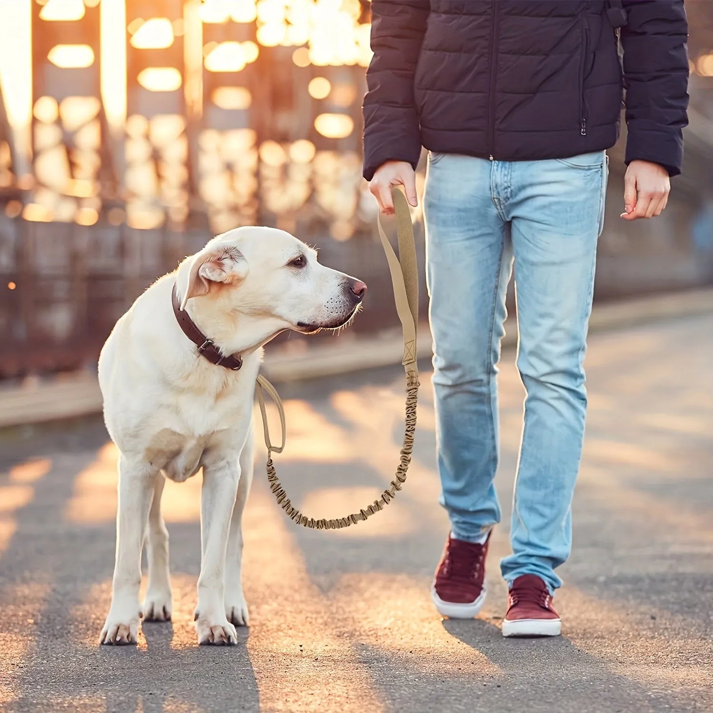 Retractable dog leash for large breeds with ergonomic handle, shown in black, green, and khaki.