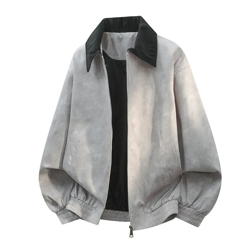 Men's black casual jacket with textured white stitching and collage detail on the lapel, showing side seam pockets and straight hem.