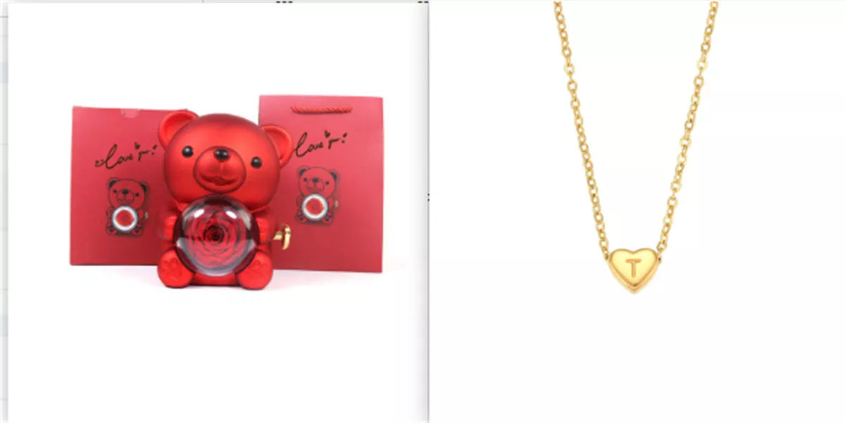 Eternal Rose Teddy Bear Jewelry Box with rotating drawer and preserved rose
