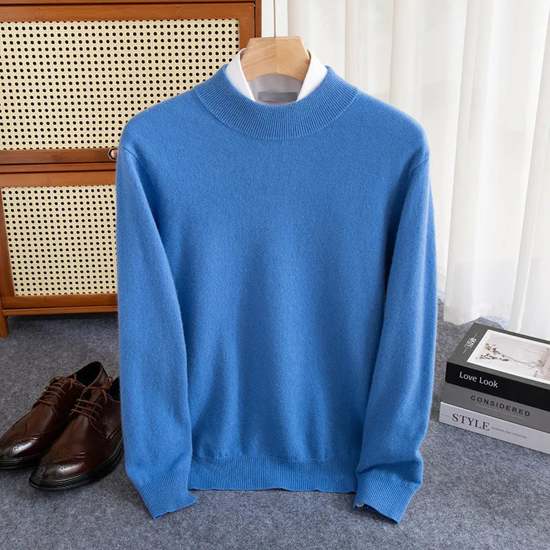 Men's half-collar wool sweater in loose fit with rough yarn texture, shown in winter business style