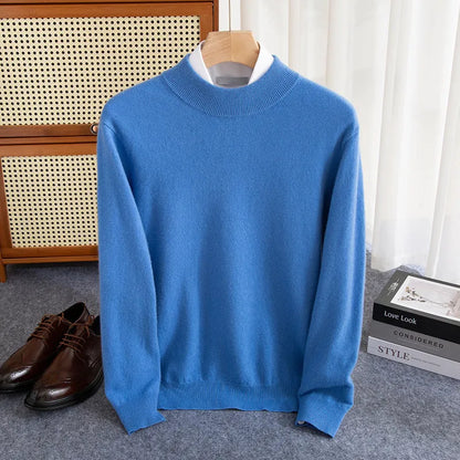 Men's half-collar wool sweater in loose fit with rough yarn texture, shown in winter business style