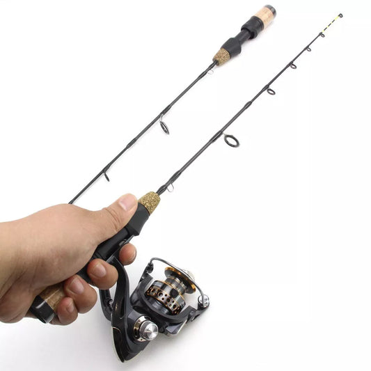 Double tip ice fishing rod with spinning wheel tackle set, 60 cm length