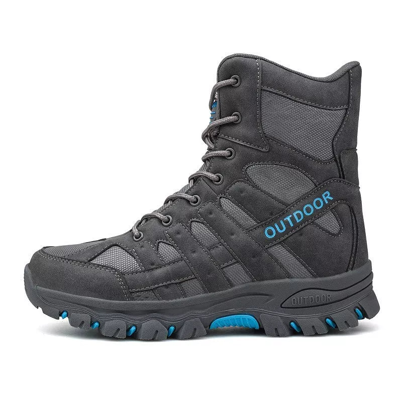 Men's high-top tactical boots in black, green, and grey with wear-resistant rubber outsoles
