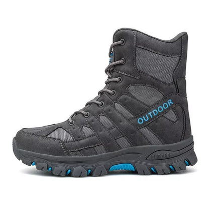 Men's high-top tactical boots in black, green, and grey with wear-resistant rubber outsoles