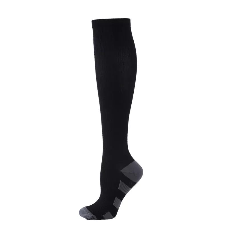 Athletic compression socks with three-bar design in black, pink, and white