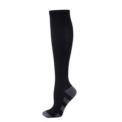 Athletic compression socks with three-bar design in black, pink, and white