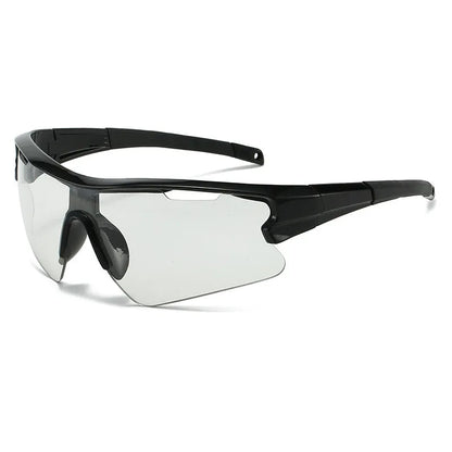 Windproof sports sunglasses with adjustable pads in black frame and grey lens for outdoor cycling