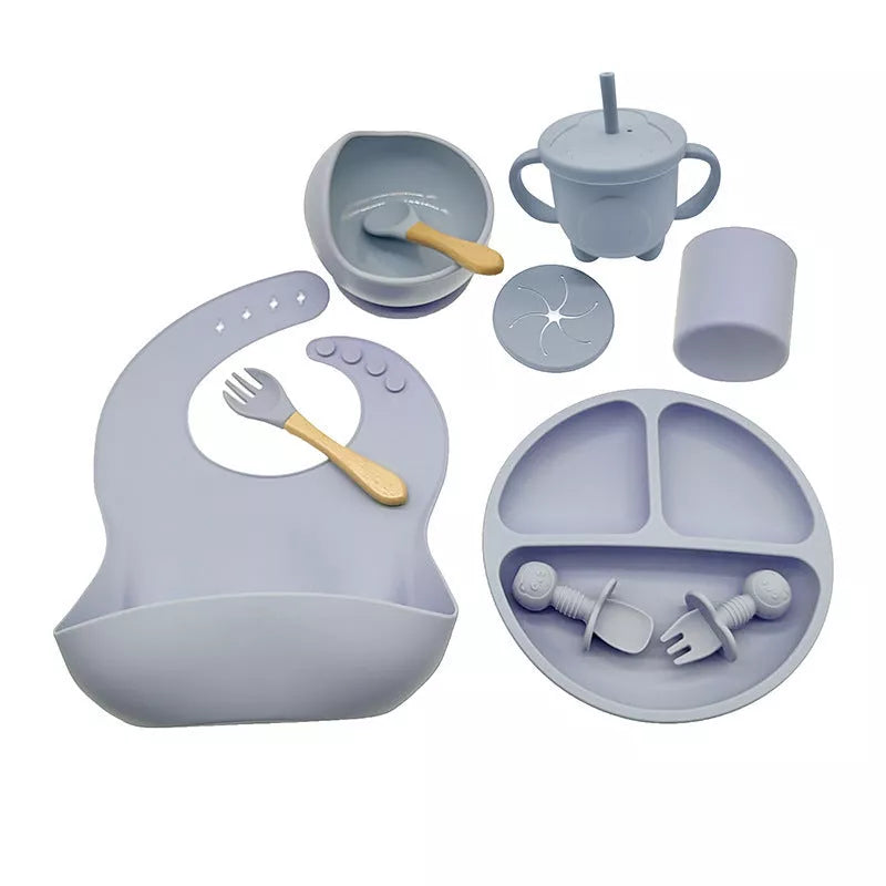 10-piece baby feeding silicone tableware set in various colors, safe and durable for first meals