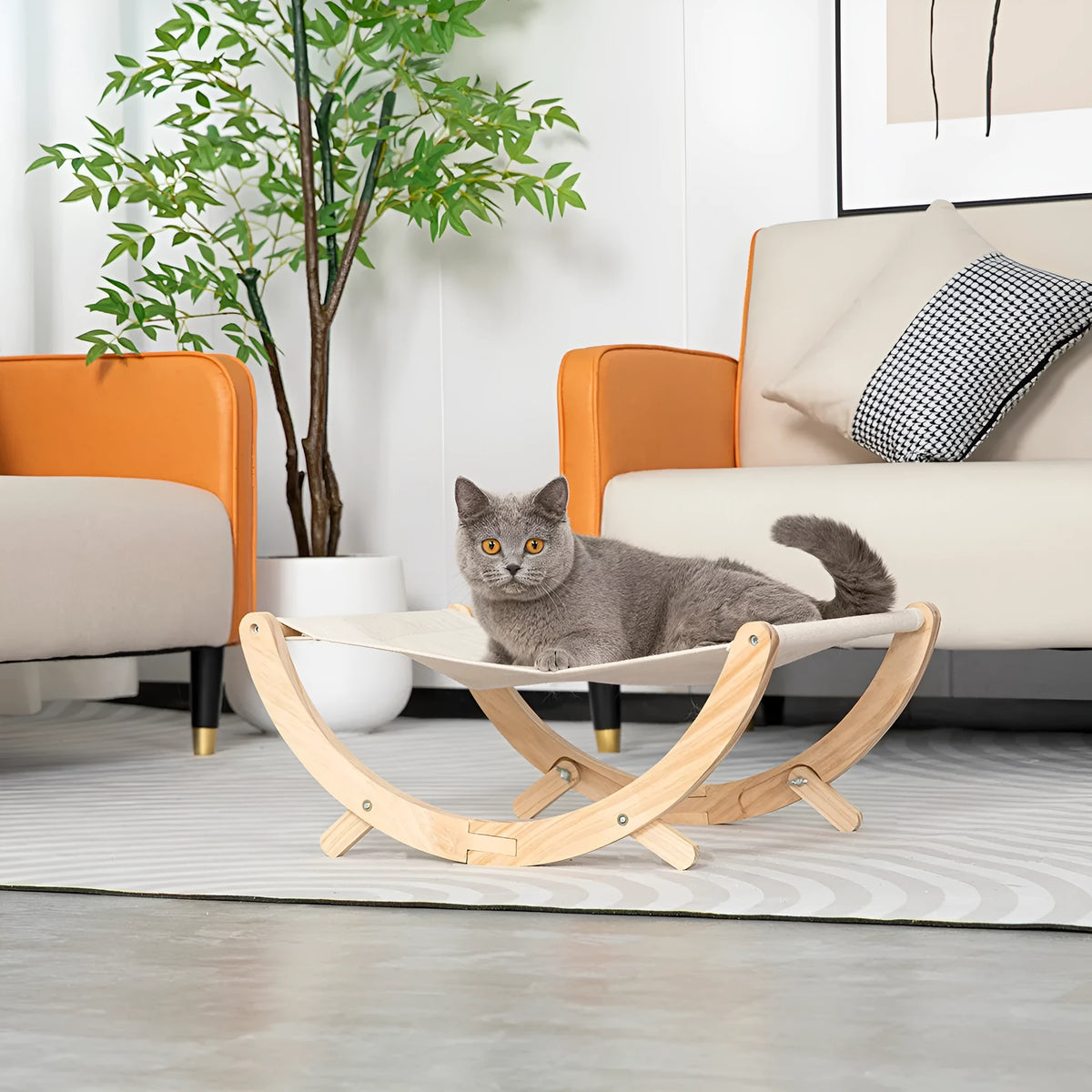 Solid wood foldable cat shaker bed hammock with a choice of canvas or plush top.