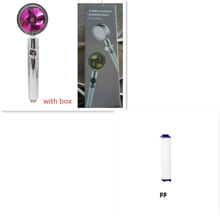 High-performance water-saving shower head with 360-degree rotation and fan feature, offering a luxurious shower experience