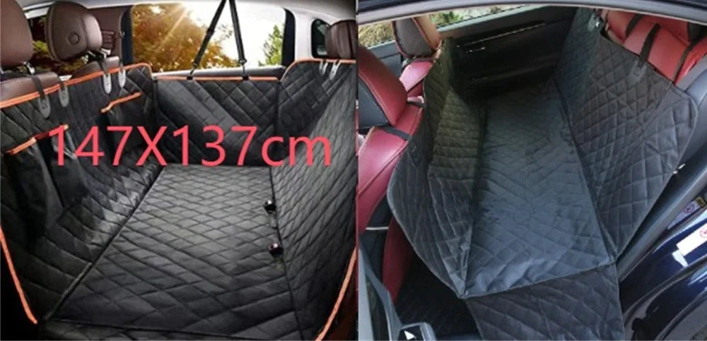 Waterproof dog car seat cover showing 137×147cm dimensions and safety exit design with car seatbelt buckle