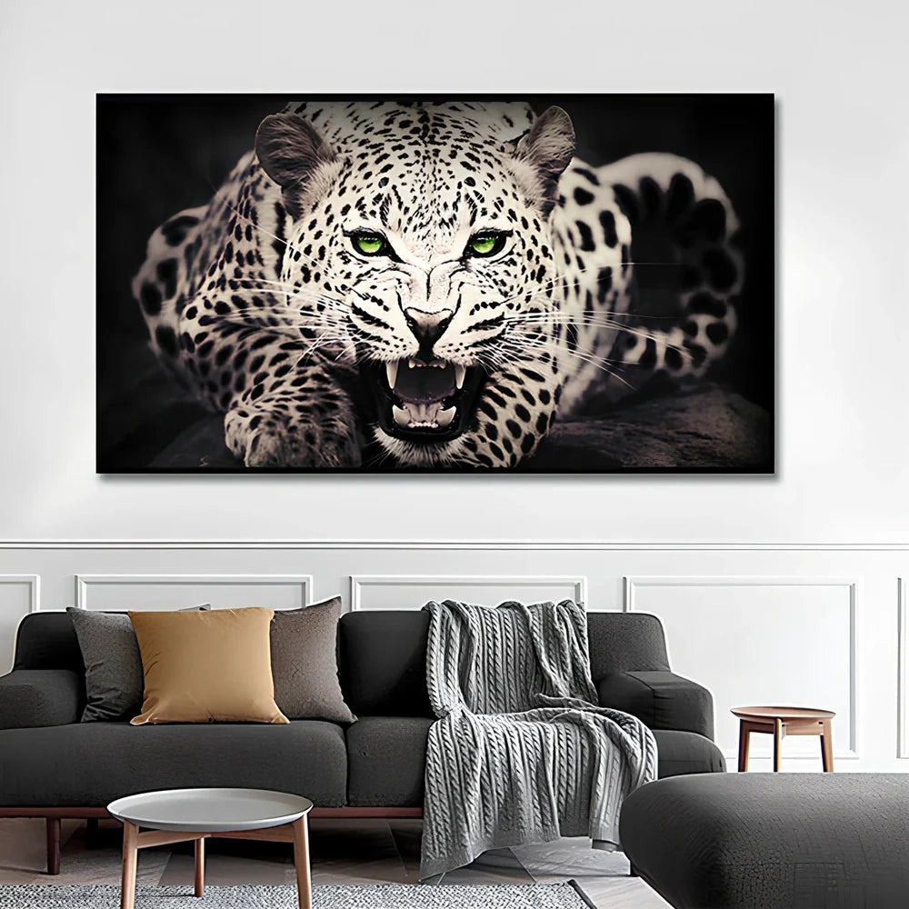 Leopard lion face canvas painting with waterproof ink in horizontal rectangle format