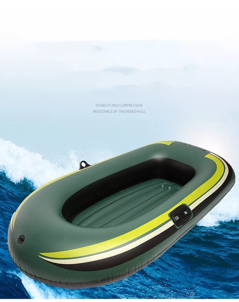 Small green PVC inflatable boat for fishing and rafting, durable and lightweight