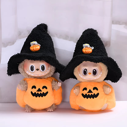 Halloween pumpkin doll clothes with black hat, plush two-piece set, shown as doll clothing and car or curtain decoration.