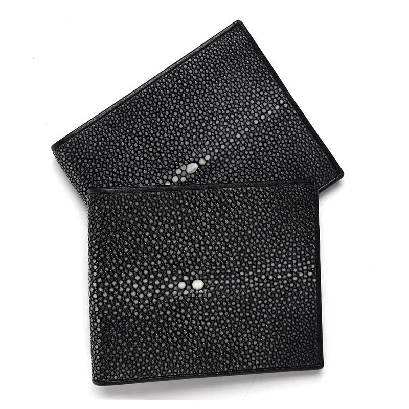 Genuine pearl fishskin leather short wallet with horizontal suitcase shape and sewing thread detail.