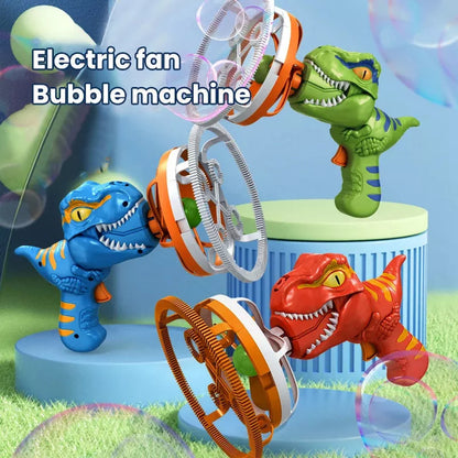 Dinosaur-shaped bubble machine for kids with red, blue, and green options