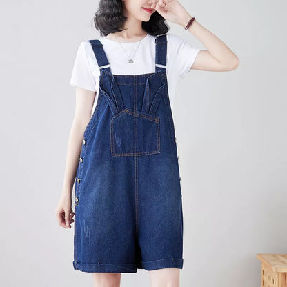 Denim loose straight strap pants with adjustable suspenders in dark blue and light blue