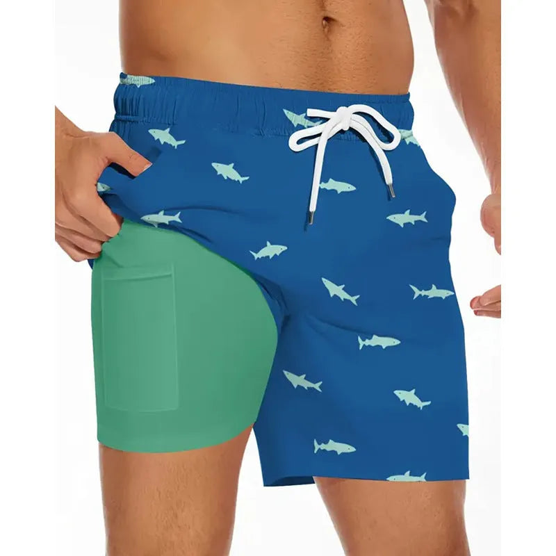 Men's loose fit polyester beach shorts in various colours showing size range up to 5XL