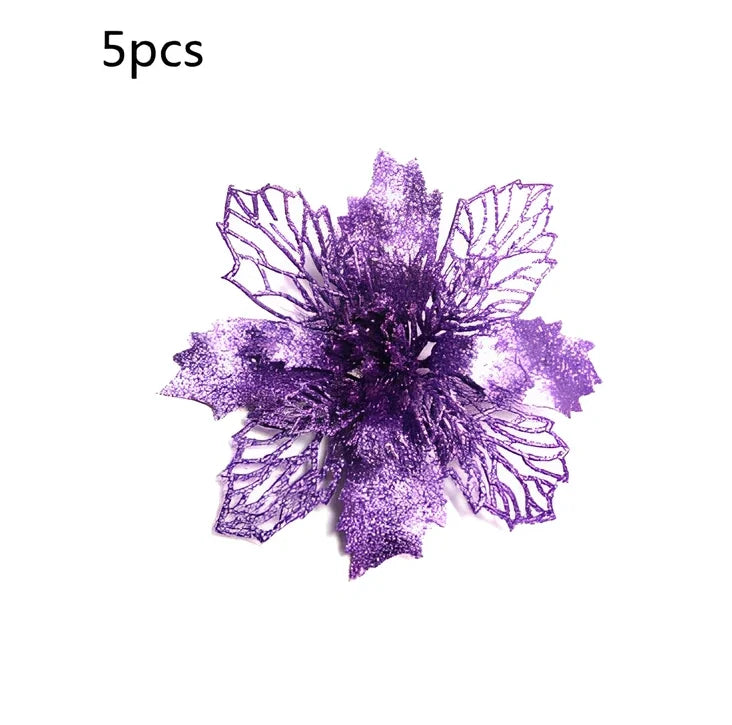 Glitter artificial Christmas flowers measuring 11cm with sparkling coating in various colour options