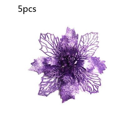 Glitter artificial Christmas flowers measuring 11cm with sparkling coating in various colour options