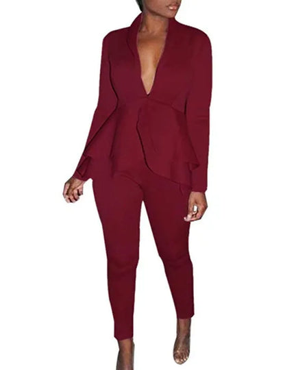 Ruffled shirt and pencil pants business casual wear set in polyester fabric