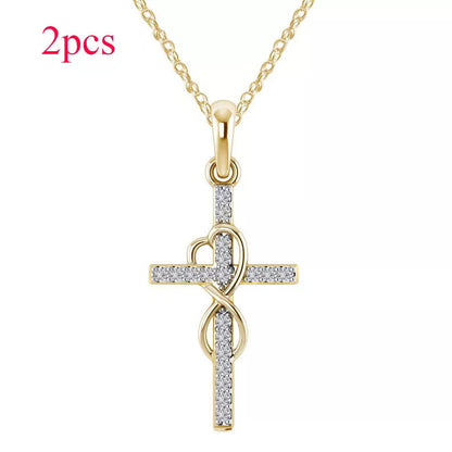 Alloy pendant necklace with diamond and eight-character cross design in gold, silver, and rose gold