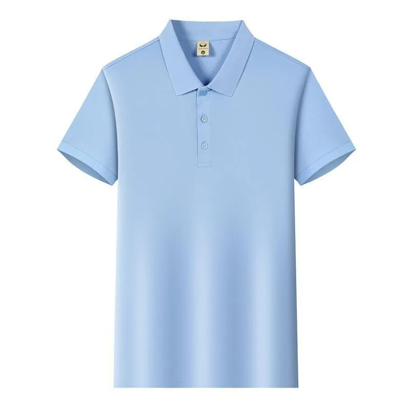 Man's short sleeve Ice Silk lapel business shirt shown in multiple colours including black, navy, and light blue.
