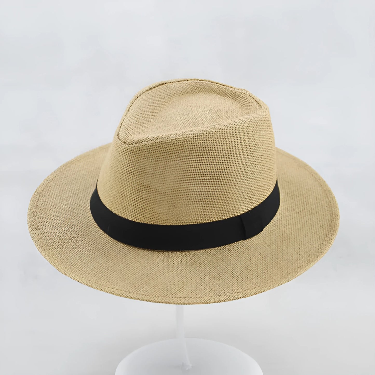 Men's wide brim flat top sun hat in beige colour with a paper fabric construction.