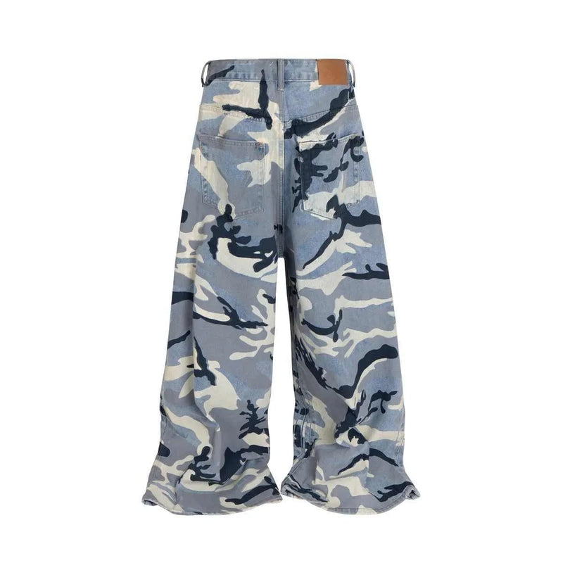 Snow Camouflage Blue Men's and Women's Jeans: Mid-waist loose-fit trousers with micro-elastic denim for flexible movement across sizes L, M, XL, and XXL