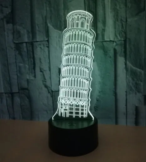 3D Leaning Tower of Pisa acrylic nightlight with colour-changing LEDs on a black base