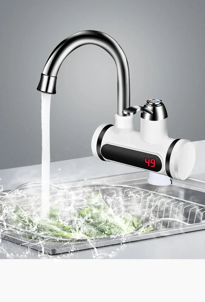 White kitchen electric water tap with digital temperature display showing instant heating capability
