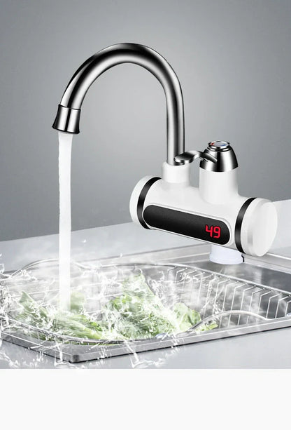 White kitchen electric water tap with digital temperature display showing instant heating capability