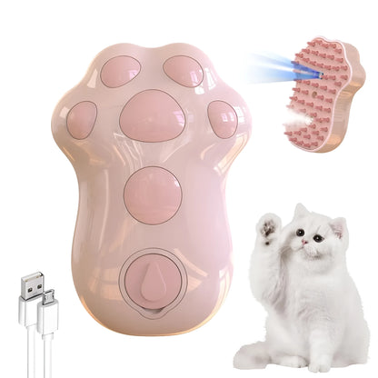 Self-cleaning cat steam brush with silicone bristles, blue light, and rechargeable spray for pet grooming