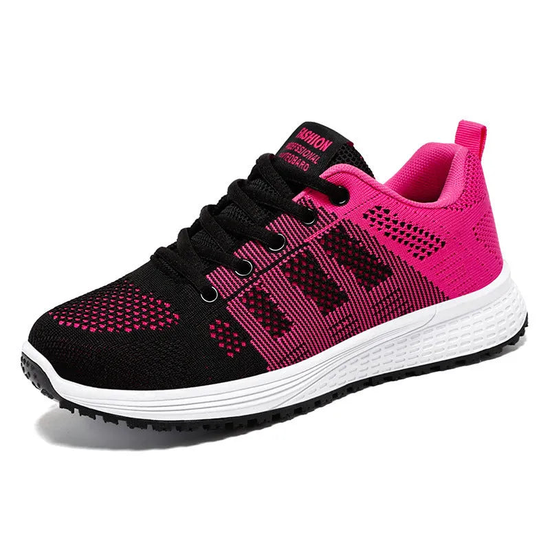 Women's Fly-knit running sneakers in black, rose red, or gray pink with soft bottom and flat heel.