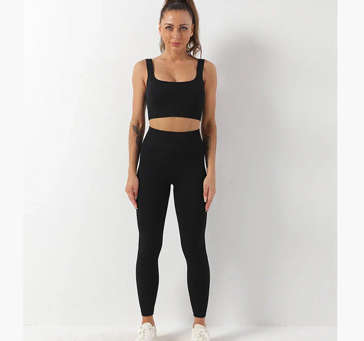 Seamless yoga set with high-waist leggings and supportive sports bra for women's fitness and activewear