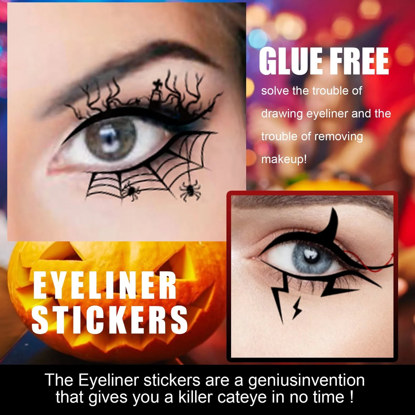 Bat and spider themed eyeliner stickers set with 8 pairs for decorative eye makeup