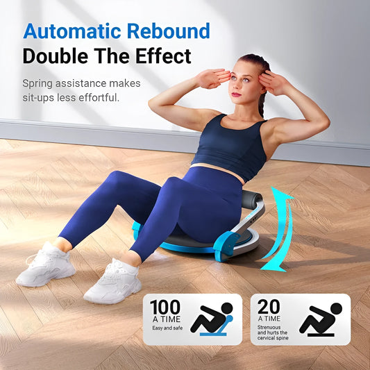 Compact sky blue and red abdominal exercise device with non-slip rubber grips on a grey floor.