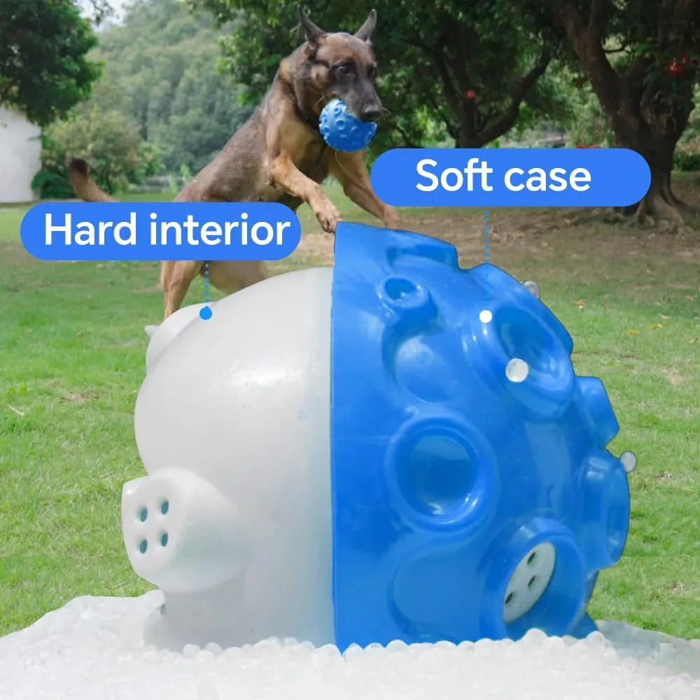 Colourful dog toy ball with meteorite-shaped bumps for aggressive chewers and anxiety relief