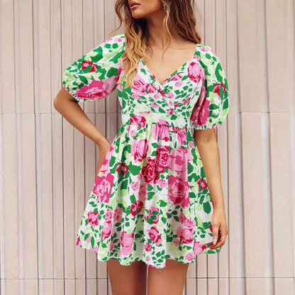 Floral lantern sleeve dress in various vibrant colors, perfect for summer vacations and beach activities