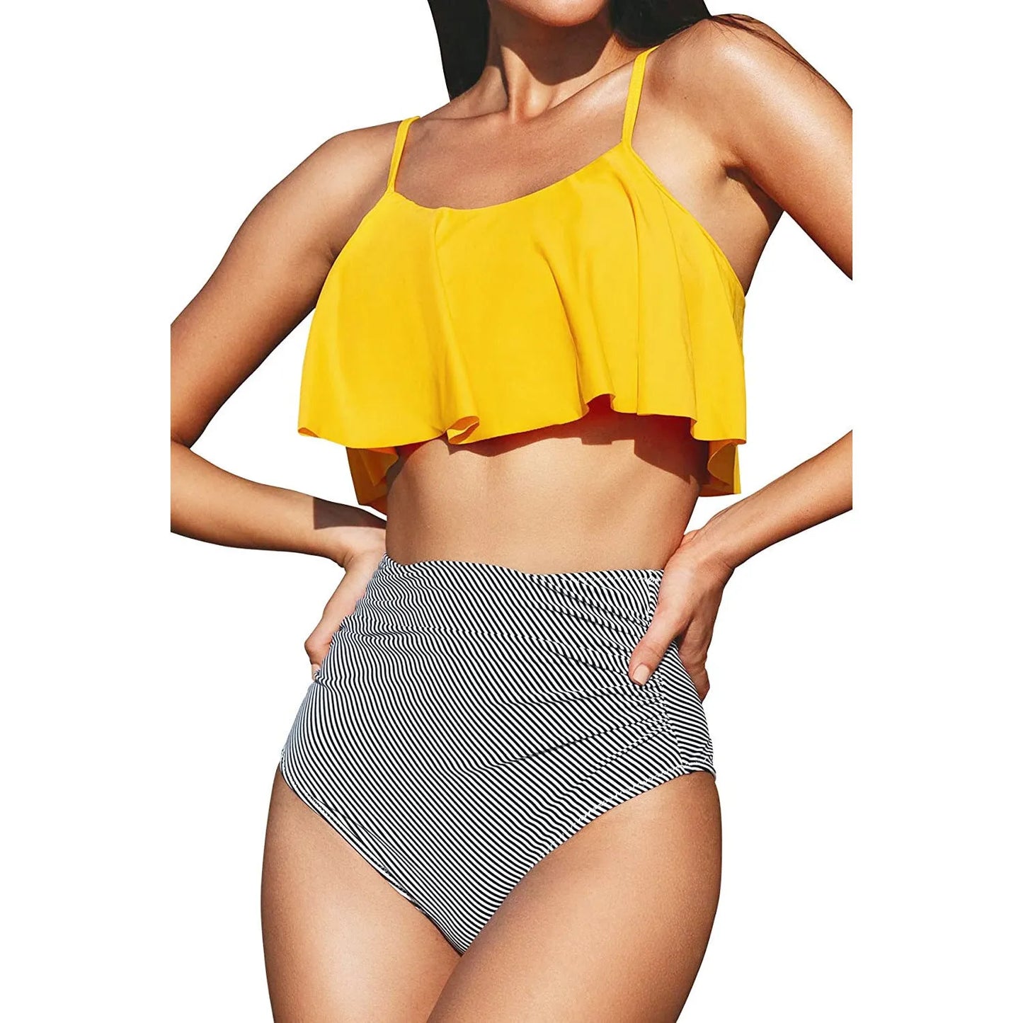 Striped ruffled bikini swimsuit with backless brief design in multiple colour options