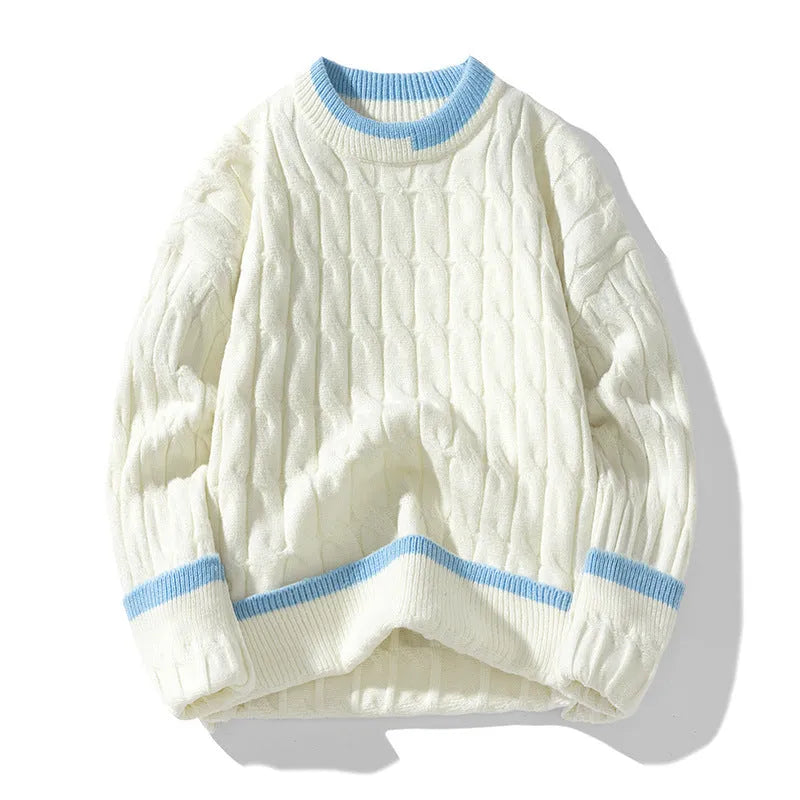 Men's loose fit modal acrylic pullover sweater in light blue on hanger