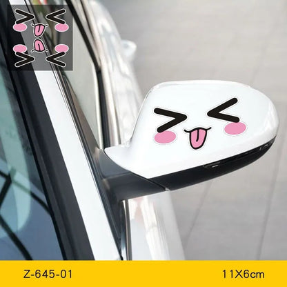 Reflective cartoon car stickers on vehicle rearview mirror in black and white styles